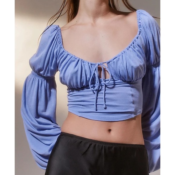 Urban Outfitters Baby Blue Boho Y2K Crop Top Hippie Peasant Gigot Sleeve 90s S - Picture 2 of 7